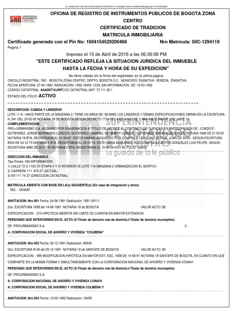 Ejemplo de Certificado de Libertad y Tradición